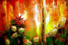 KELEBEĞİN ÇİÇEKLE DANSI Tuval Üzerine Akrilik+ Dantel, 60x80cm, 2005